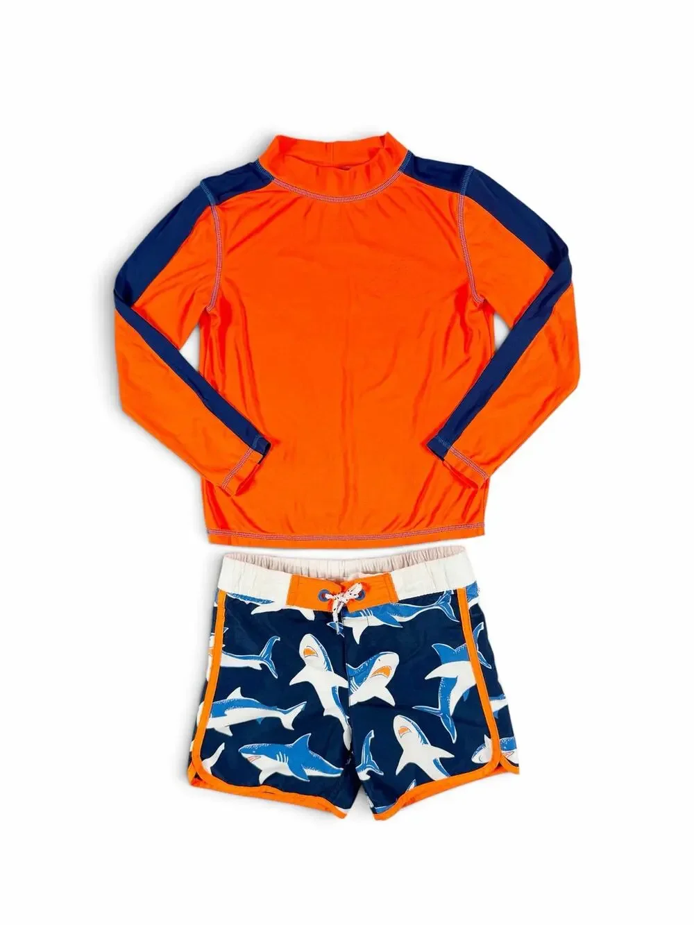 Mini Boden Shark Rash Guard Swim Trunks Set Orange Blue Size 6-7 year boys